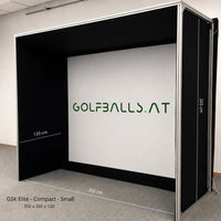 GSK ELITE COMPACT Golf Simulator Enclosure in schwarz mit Maßen 350 x 265 x 120 cm.
