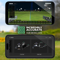 Golf-Launch-Monitor Square mit präzisen Daten zu Schläger und Ball auf Smartphone-Bildschirm.