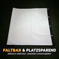 Faltbarer China Impact Screen in weiß mit schwarzen Rändern, platzsparend zu verstauen.