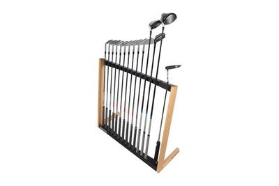 Oak golf club rack, black, with several golf clubs stylishly arranged