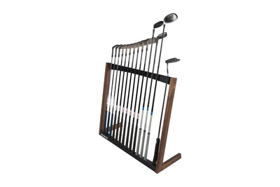 Black walnut golf organizer with several golf clubs sorted in