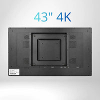 43" 4K UHD Touch Screen LCD, Rückseite mit Montageschrauben für Wandmontage.