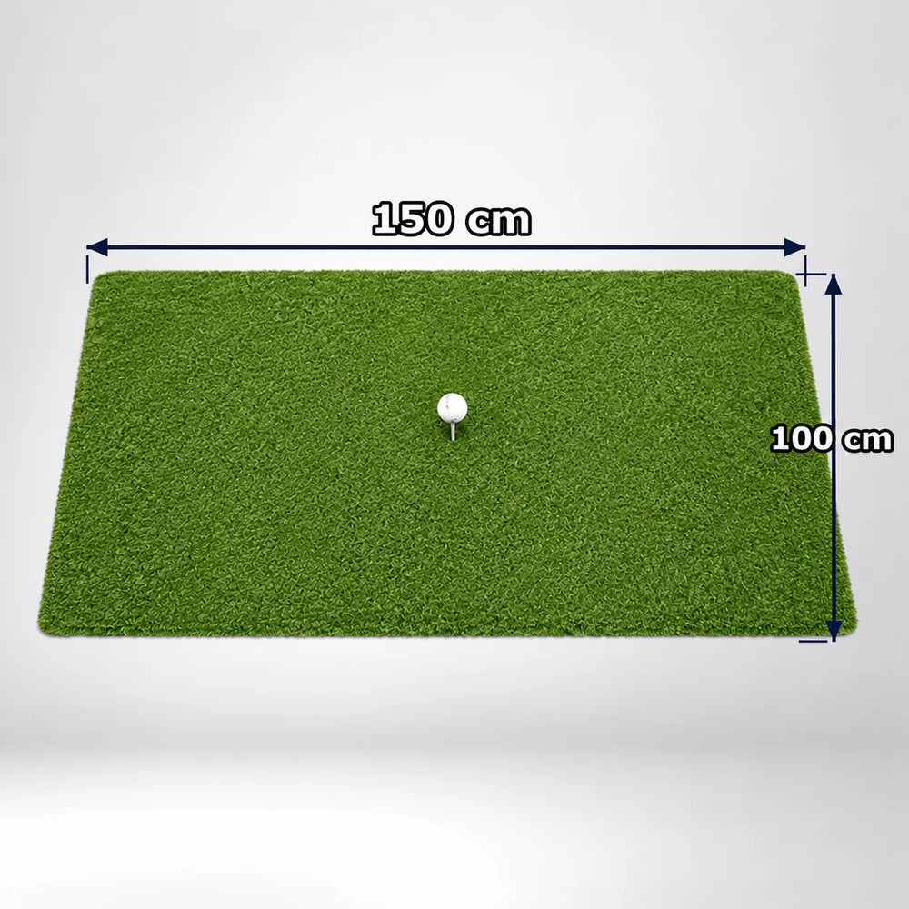 Indoor Hitting Matte Tee Turf XL 100 x 150 cm für Golf-Simulator, grüne Rasenfläche mit Tee.