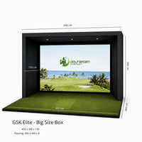 GSK ELITE Uneekor XR Golf Simulator mit großem Box-Design und einem ausklappbaren Bildschirm.