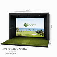 GSK ELITE Uneekor EyeXO & EyeXO 2 Golf Simulator mit großem Bildschirm und Naturrasen-Spielfläche.