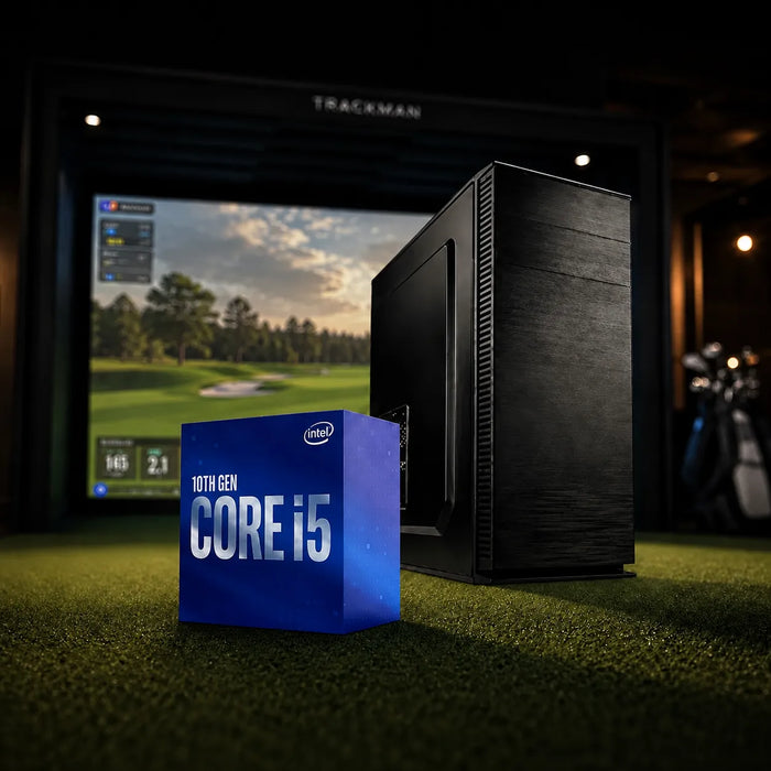 Počítačový systém golfového simulátora s procesorom Intel i5, SSD, RTX 5060 Ti a operačnou pamäťou DDR4 RAM.