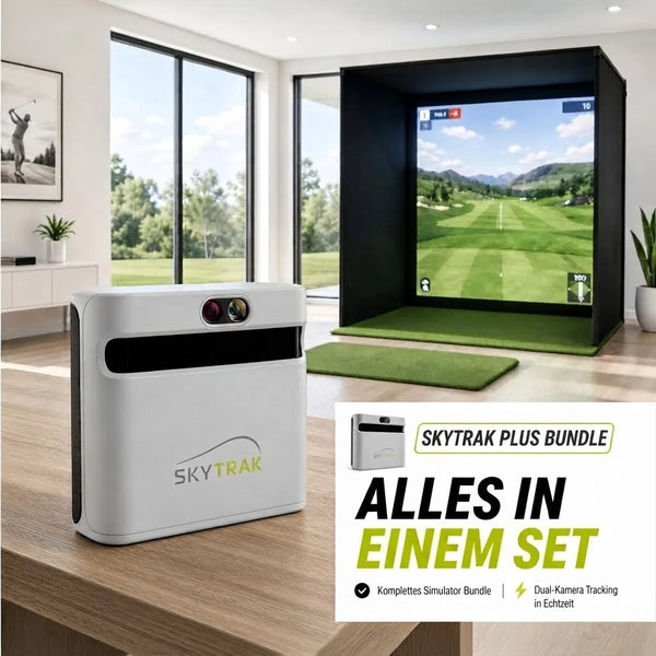 Golfbox x SkyTrak+ Bundle with simulator and dual-camera tracking.