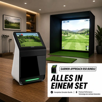 Golfbox x Garmin Approach R50 Bundle mit Simulator und Bildschirm für hochwertige Golferlebnisse.