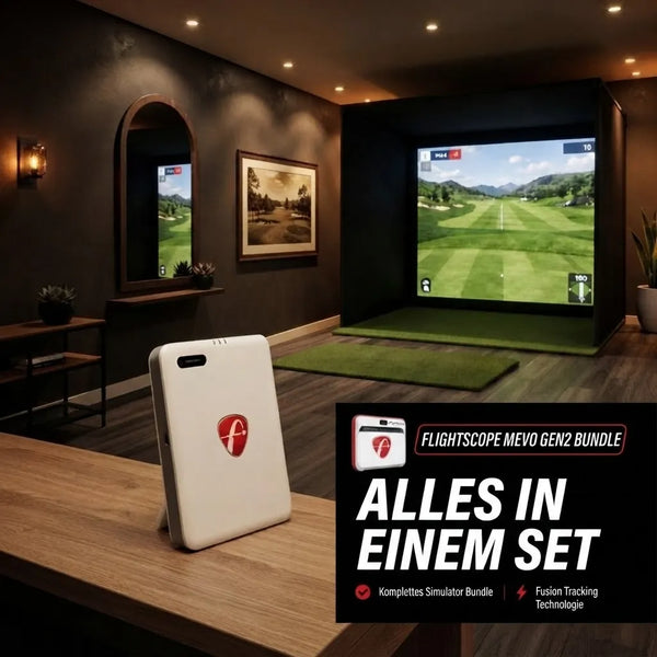 Golfbox x Flightscope Mevo Gen2 Bundle in an indoor simulator environment with screen and tracking technology.