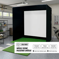 Golfbox x SkyTrak+ Bundle mit verschiedenen Größenoptionen für Golftraining in der Garage.