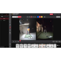 Golf Simulator Software zeigt zwei Golfer beim Abschlag mit Schwunganalyse und Statistiken