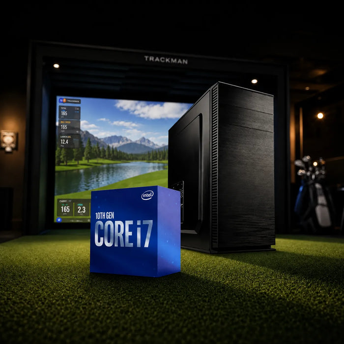 PC systém golfového simulátora s procesorom Intel i7, 1 TB SSD, RTX 5060 Ti a 32 GB RAM DDR5-5600 na ploche pre golfovú simuláciu.
