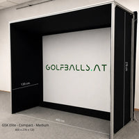 GSK ELITE COMPACT Golf Simulator Enclosure mit Abmessungen 400 x 276 x 120 cm.