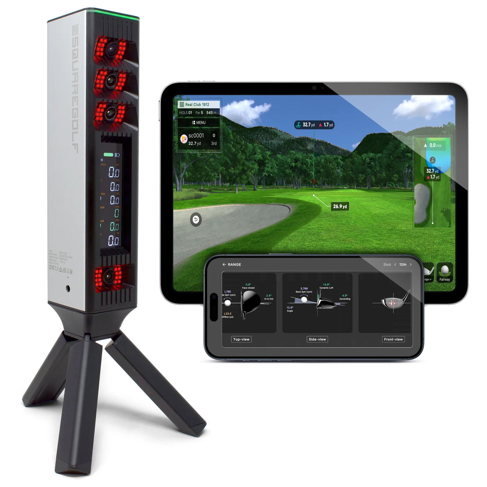 Golf-Analysegerät Square mit App-Anzeige auf Tablet und Smartphone.