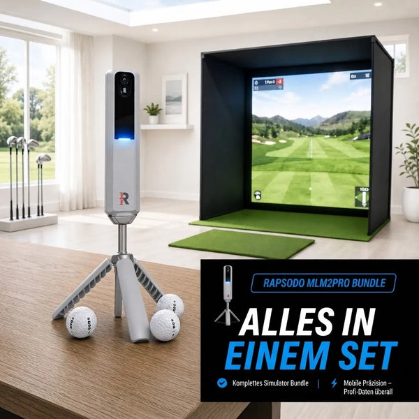 Golfbox x Rapsodo MLM2Pro Bundle with simulator, image showing device and screen on a table.